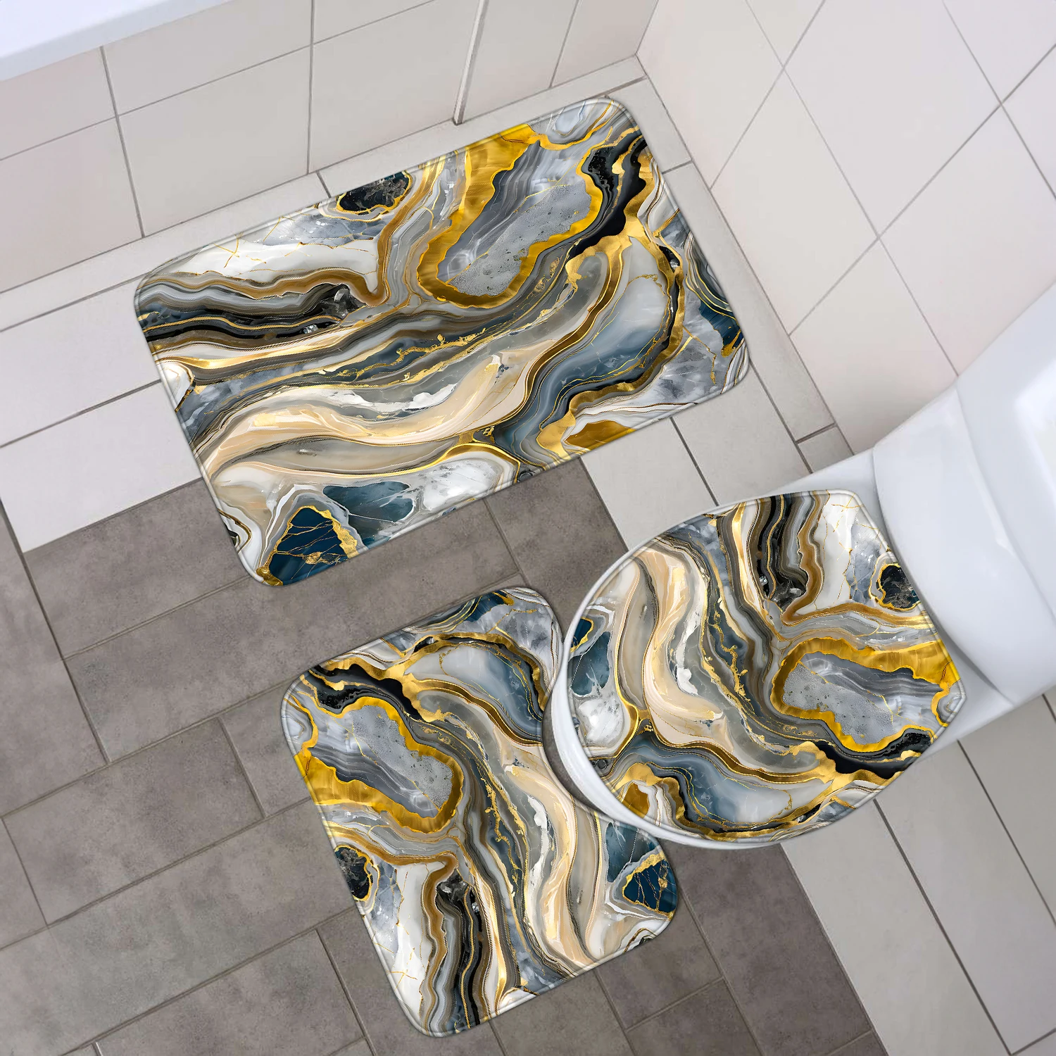 1 set of grey gradient gold-plated marble printed shower curtains with hooks, bathroom mats, and bathroom supplies