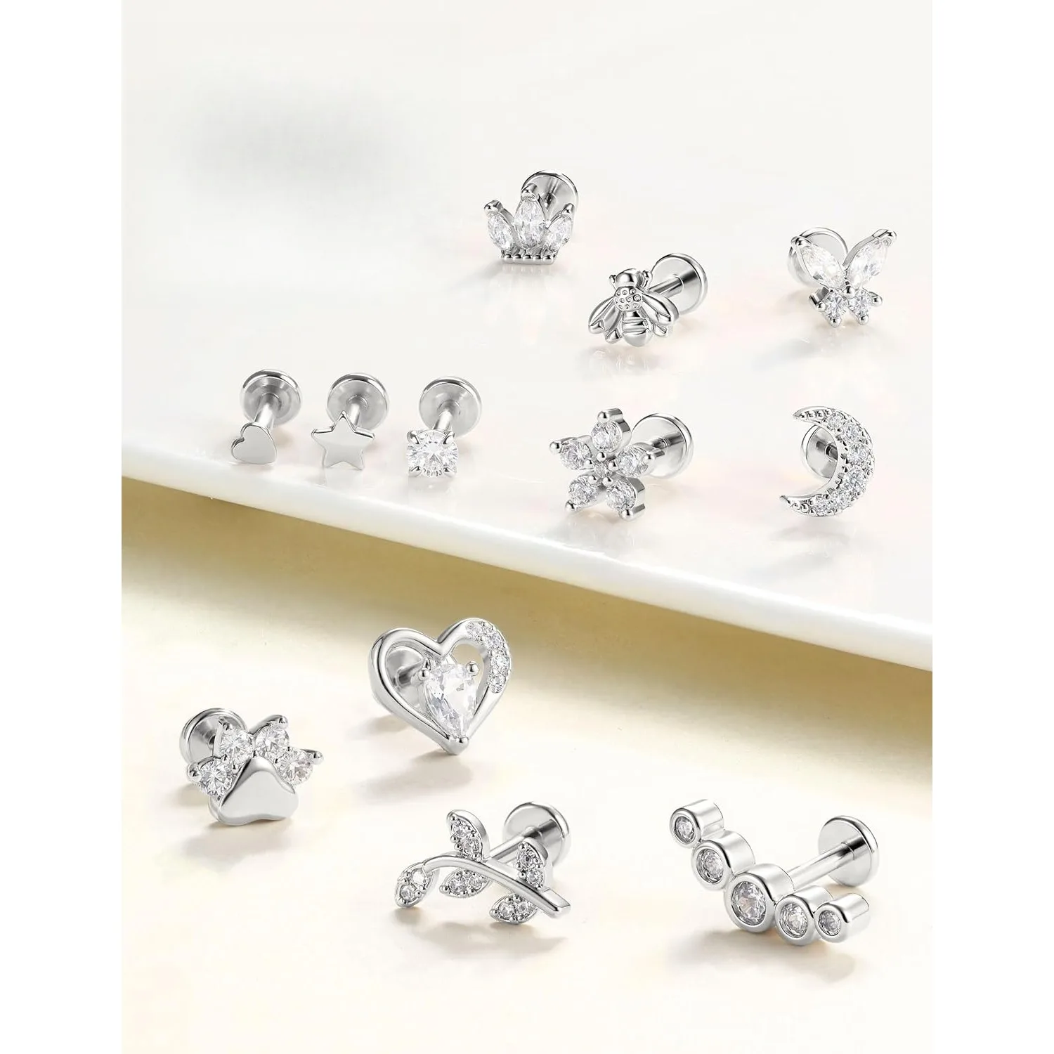 FASACCO 1Pc 16G Internal Thread Steel Stud CZ Moon Star Heart Leaf Hypoallergenic Tragus Helix Labret Jewelry Unisex Daily Gift