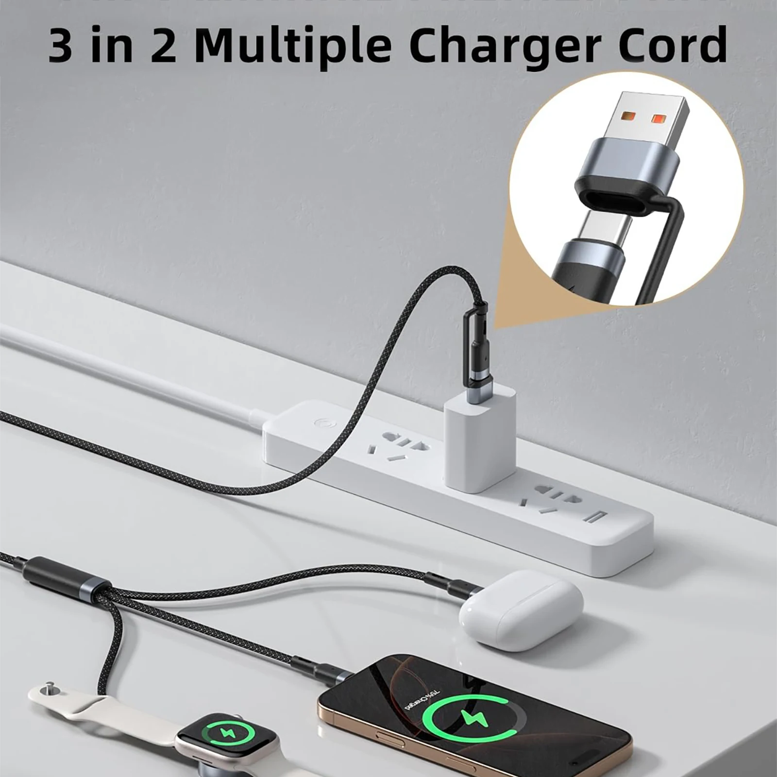 New 3-in-2 Charging Cable Type-c USB-A Port Support iwatch Charging Convenient to use Quick Charging Cable 2m