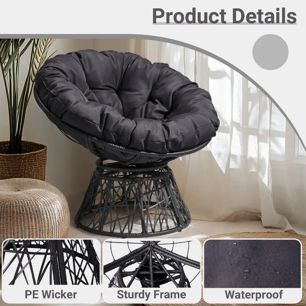 Döner 3'lü Bahçe/İç Mekan Radar Şekilli Siyah Rattan Bej Minderli Yumurta Koltuk