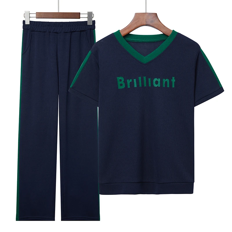 

Short-sleeved ice silk sports suit women's lounge wear two-piece set V-neck summer new fashion mom sportswear