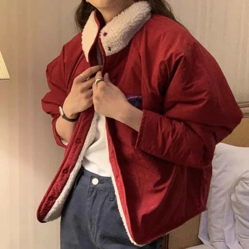 Women's Short Coat Lamb Wool Contrasting Colors Polo Collar Solid Color Long Sleeved Autumn and Winter Casual Top