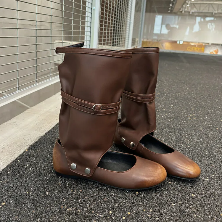 

Black Leather Women Shallow Flats Round Toe Slip On Autumn Work Espadrilles Brown Fashion Mid Calf Western Boots Zapatos Mujer