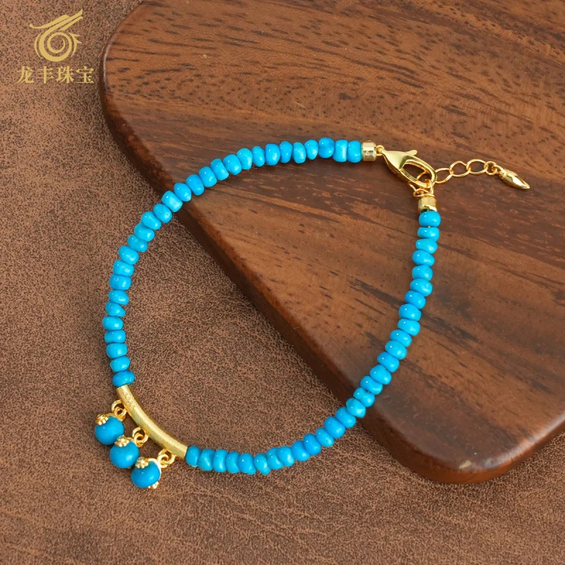 

Natural Green Turquoise Tassel Bracelet Women with S925 Silver Plated 18k Gold Pine Seed Material