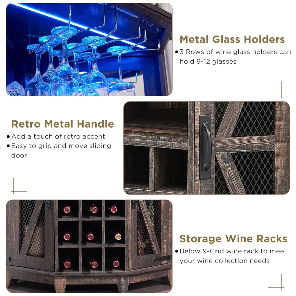 خزانة بار النبيذ على طراز المزرعة بطول 72 بوصة مع باب الحظيرة ورف قابل للتعديل وإضاءة LED