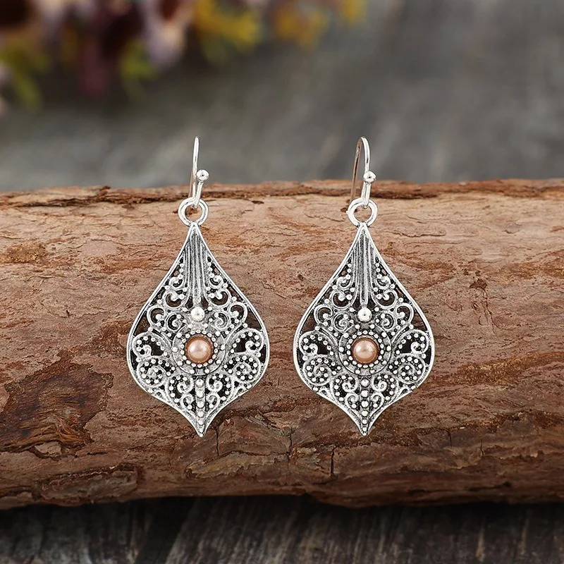 Ethnic Silver Color Round Brown Stone Hook Earrings Vintage Metal Carving Hollow Spiral Pattern Dangle Earrings for Women
