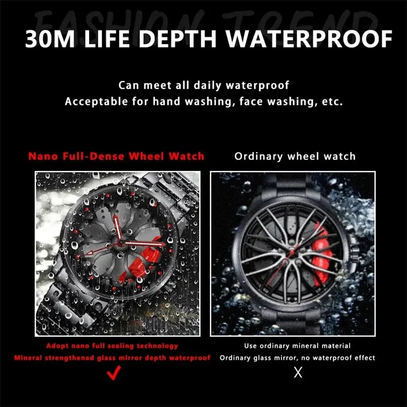 Fashion Mens Car Wheel Watches Luxury Men Sports Waterproof Quartz Wristwatch Stainless Steel Wheel Hub Watch Relogio Masculino