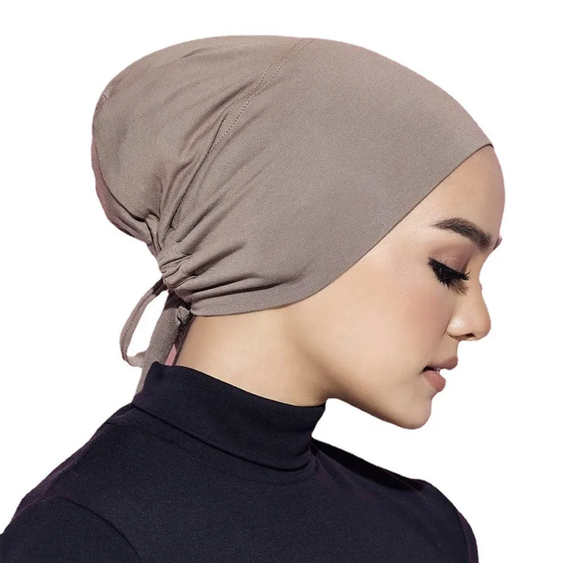 Solid Hijab Colored Silk Cotton Tie Elastic Bottom with Adjustable Drawstring Headscarf Hat Muslim Small Cap Headwrap Ramadan