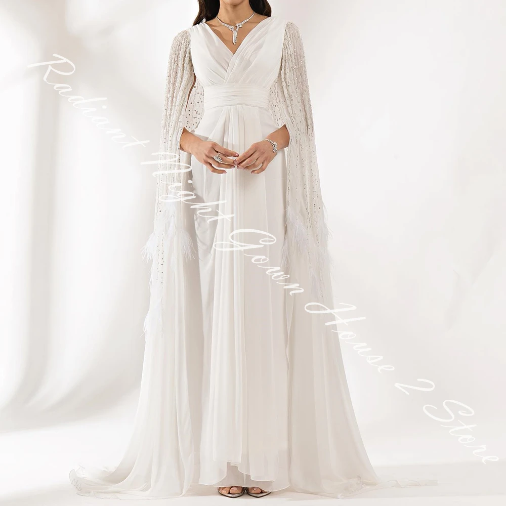 パーソナライズされたシフォンのイブニングドレス,ストレートキャップ,Vネック,地面の長さ,ノースリーブ,羽,スパンコール,クリスタル,電車