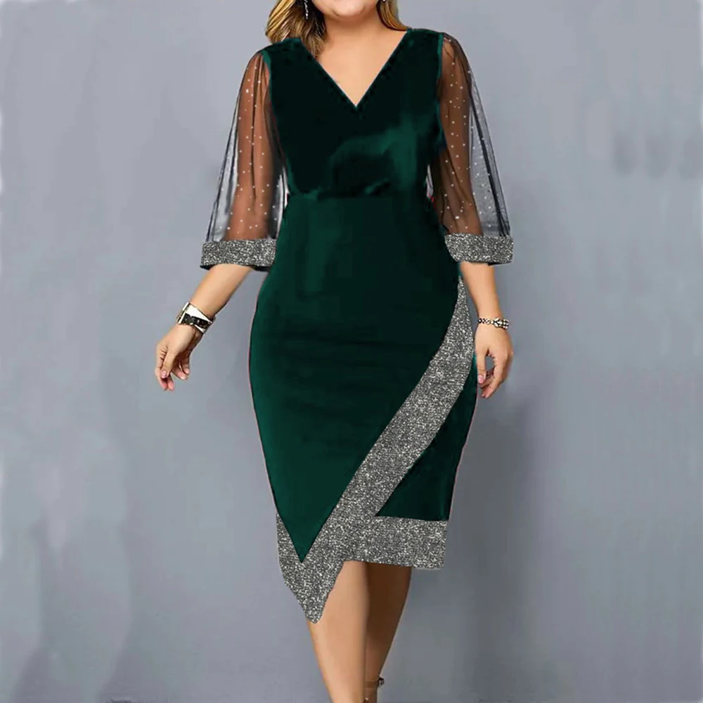 Women Elegant V-Neck Party Dress Plus Size Velvet Irregular Silver Thread Sheer Mesh Dress Summer Thin Half Sleeve Hi-Low Dress