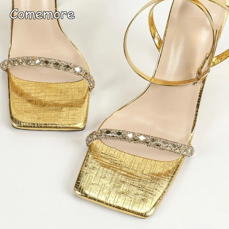 Sexy Golden Heels for Ladies Fashion Rhinestone Strange Style Heeled Sandals Ankle Straps Women's Nightclub Dress Shoes Size 35 image 5