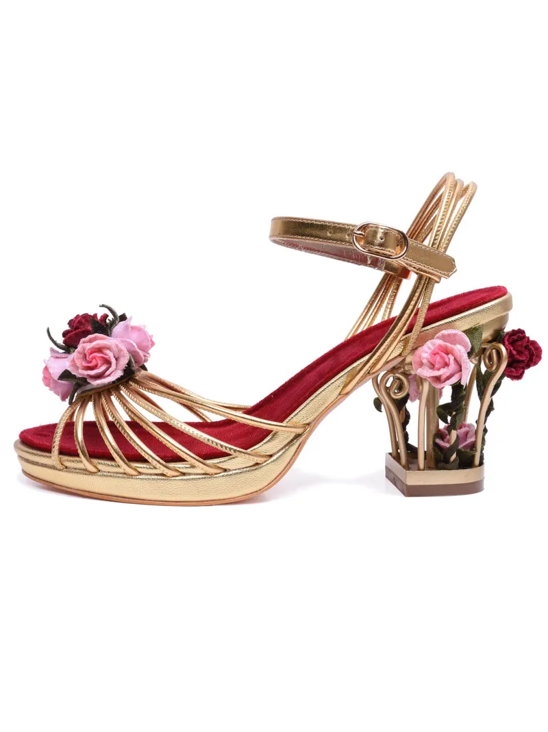 Luxury Golden Fretwork Bird Cage Heel Pink Red Rose Velvet Flowers Weddding Sandals Ankle Strap High Heels Banquet Summer Shoes