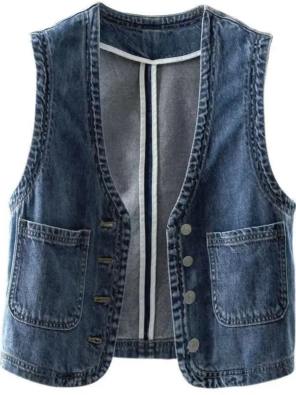 

Свободный женский джинсовый жилет, весна-осень 2023, новинка Sle V-Ne Svel, верхняя одежда, топ из смеси хлопка, моющийся