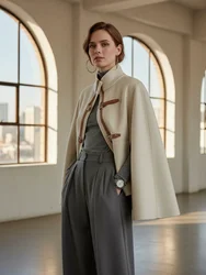 Freeacy Women's 2025 New Coat Buckle High Neck Cape Jackets Autumn and Winter Loose Fit Long Sleeves Outerwears Casual Coats