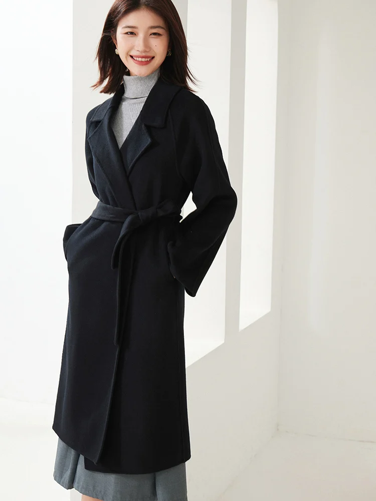 New Buckle-Free Long Women\'s Coat 10% Cashmere Double-Sided Woolen Coat Belt Waist-Tied 90% Wool Top Fall Winter Fashion