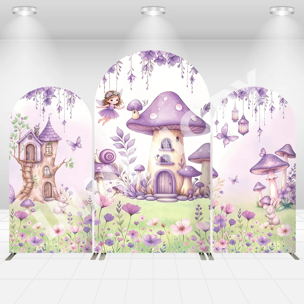 

Fairytale Purple Floral Mushroom Girl Birthday Party Baby Shower Cover Chiara Arch Wall Background Decor Backdrop