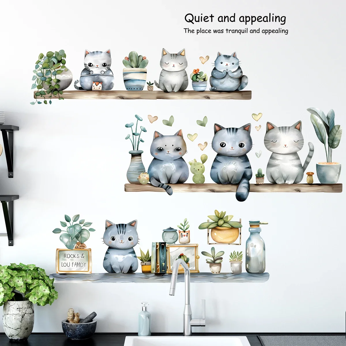 2Pcs Plant Potted Cartoon Cute Cat Wall Sticker for Kids Room Decor Baby Room Bedroom Decoration Living Room Wall Decals Art