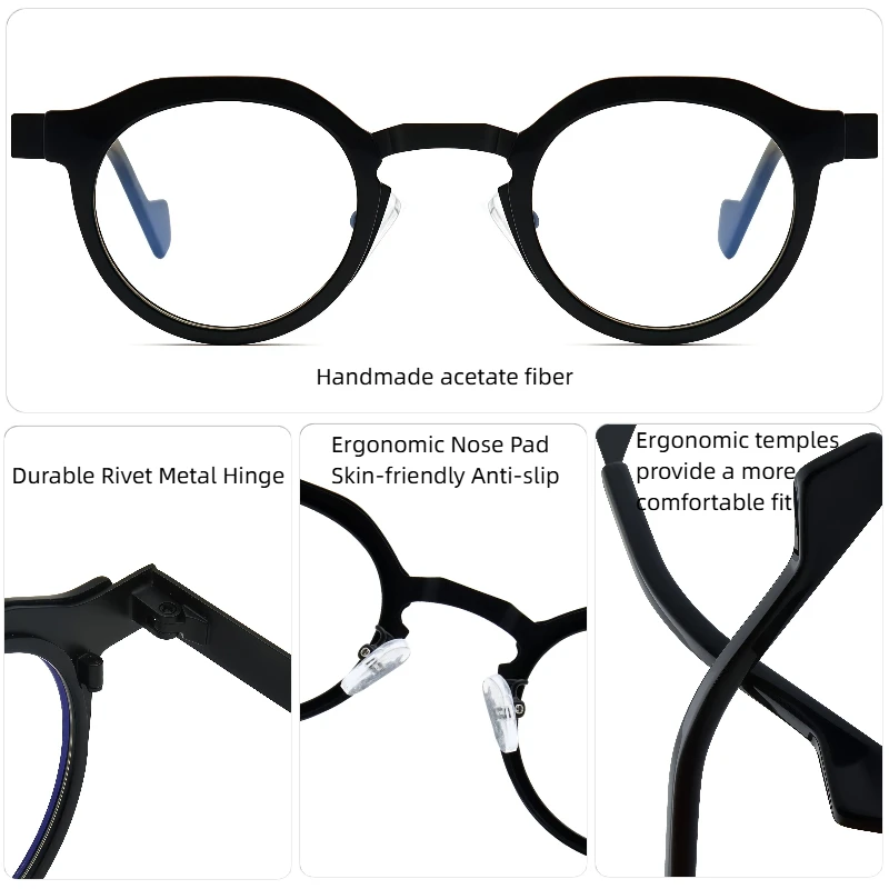 Retro Hochwertige Acetat-Brillen, handgefertigt in Japan, mit einem runden, modischen Rahmen, Unisex-Designer-Markenbrille. – Detail 13