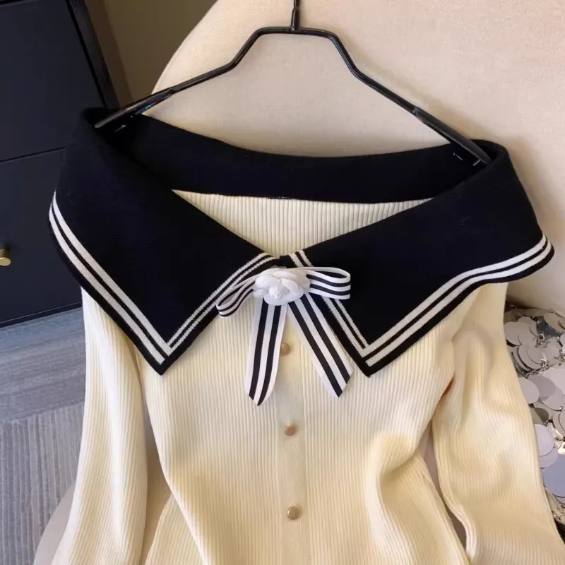 Black Beige Contrast Color Navy Collar Short Sweater New Spring Women Bow Knitted Top Off Shoulder Long Sleeve Slim Jumper Top
