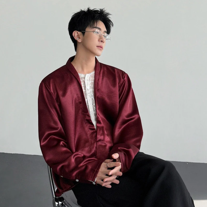 WTHT Fashion Men's Spliced Lace Fake Two-pieve Design Shirts Trendy 2025 Winter Contrast Color Round Collar Tops Male 2A2622
