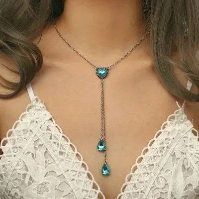 Delysia King Temperament Geometric Blue Crystal Sweater Chain Women Trendy Heart Long Necklace