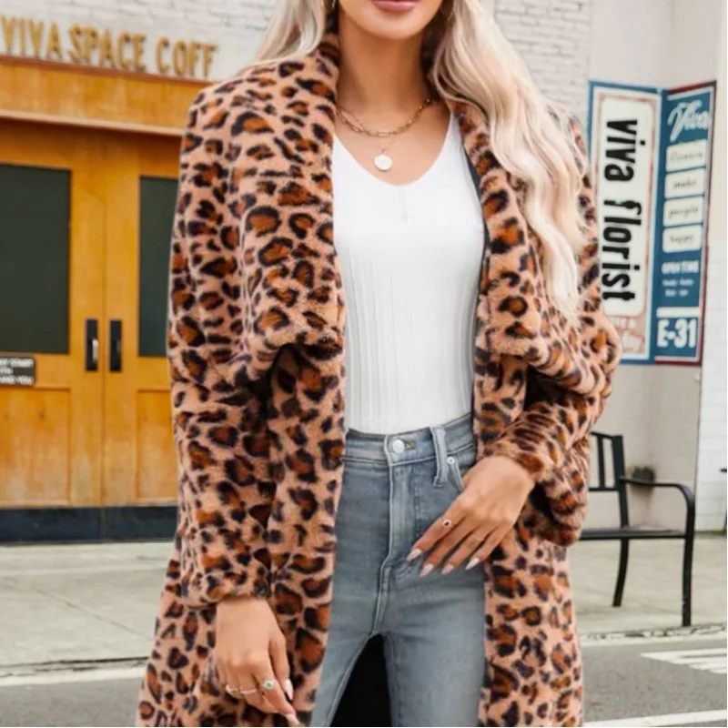 

2025Leopard Print Plush Women's Outerwear Cold-Proof European and American Style Warm Coat