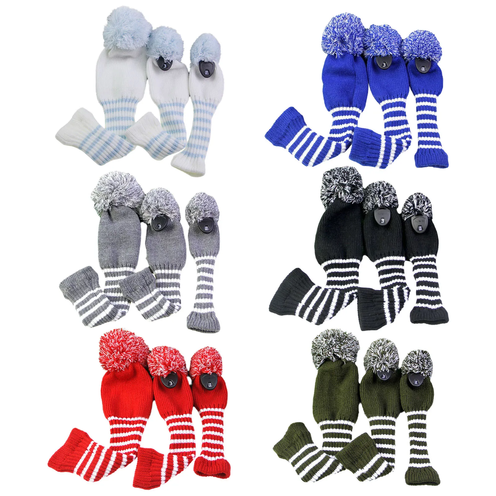 Seamless Golf Club Head Covers 3PCS Set - Knitted Striped Pattern Headcover for 1 3 Driver Fairways Hybrids UT