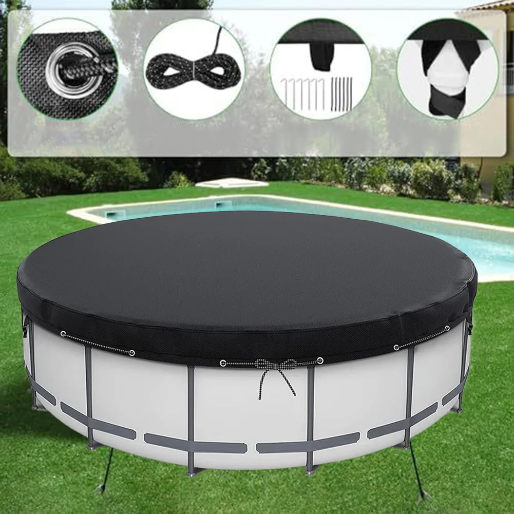 Round Pool Cover Heavy Duty Waterproof Round Pool Covers for Above Ground Pools with Ground Nails and Windproof Ropes
