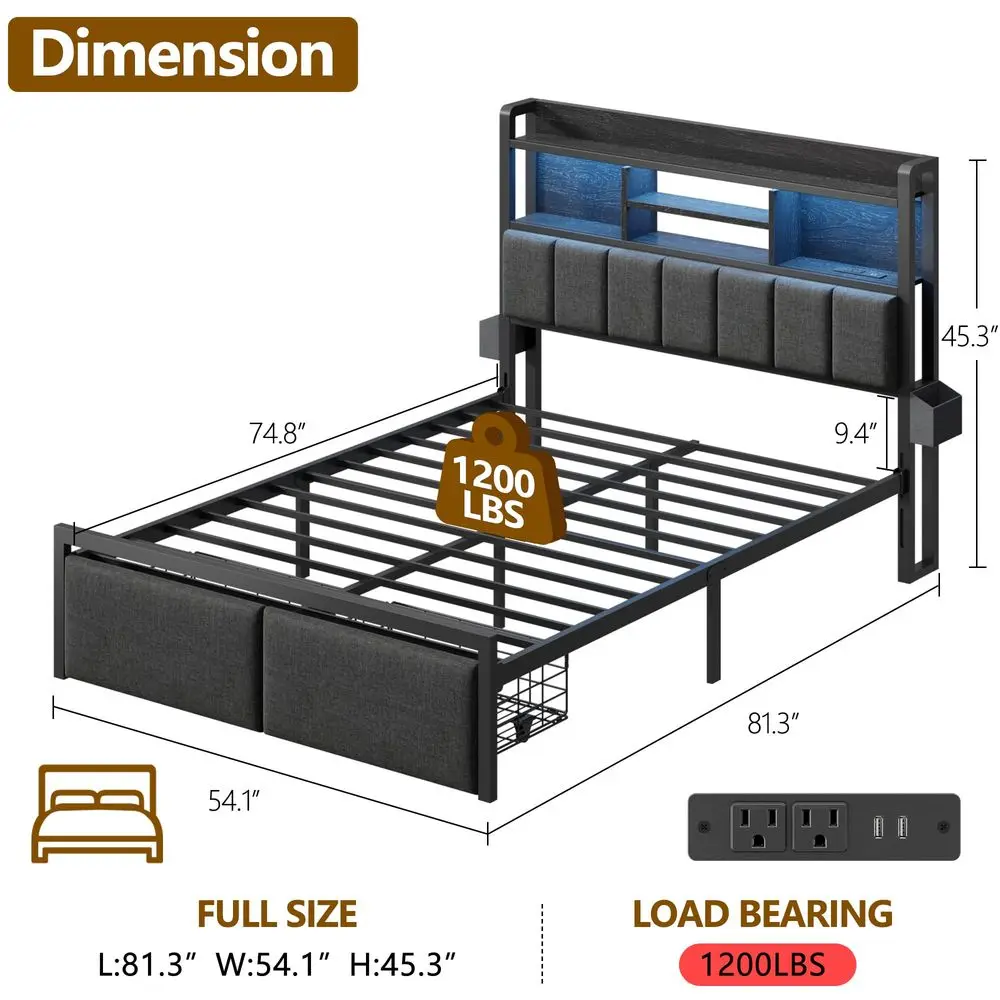 Full Size Bed Frame with Headboard, Drawers, Charging Station, LED 1200 lbs Capacity, Upholstered Headboard, No Box Spring Need