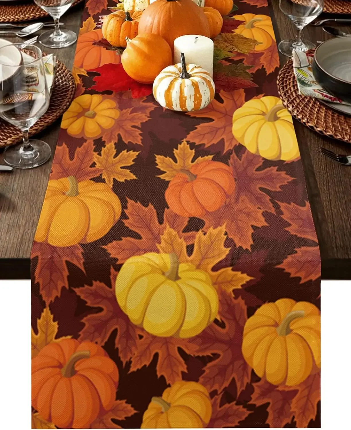 Fall Pumpkin Maple Leaves Table Runner Dresser Scarves Table Decor Reusable Kitchen Dining Table Runner Party Decorations