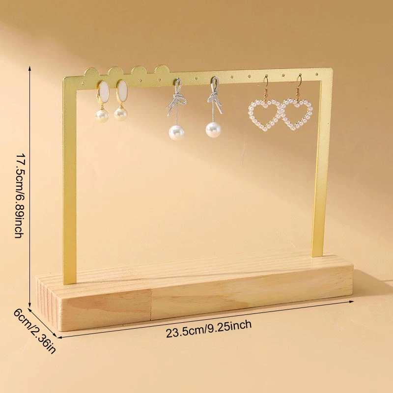 Rack de joias de metal elegante com base de madeira, brincos pendentes, colar, suporte de armazenamento, adereços de vitrine