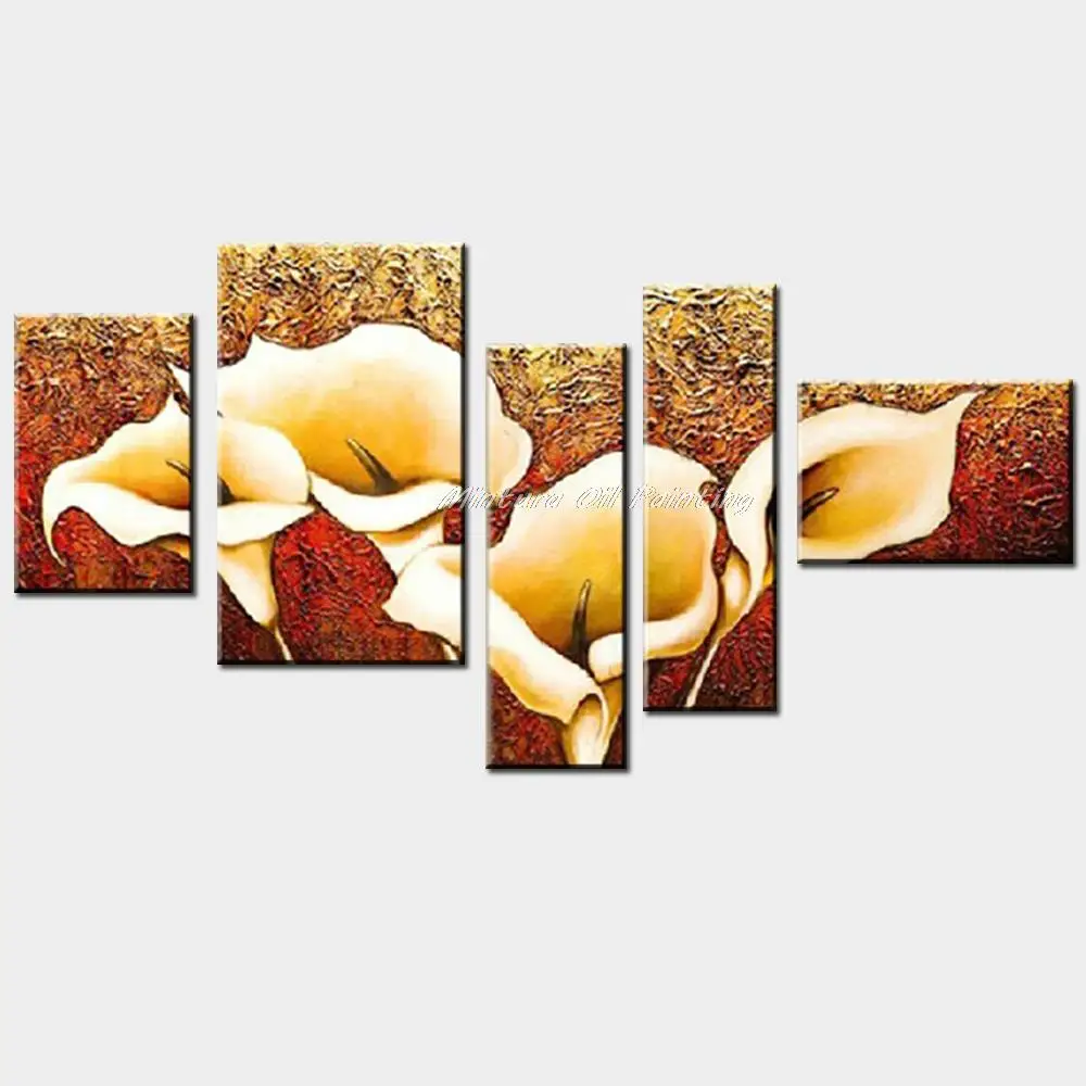 Mintura 5 Pcs Hand-Painted Autumn Golden Lily Flower Oil Painting On Canvas,Abstract Art Wall Picture For Living Room,Home Decor