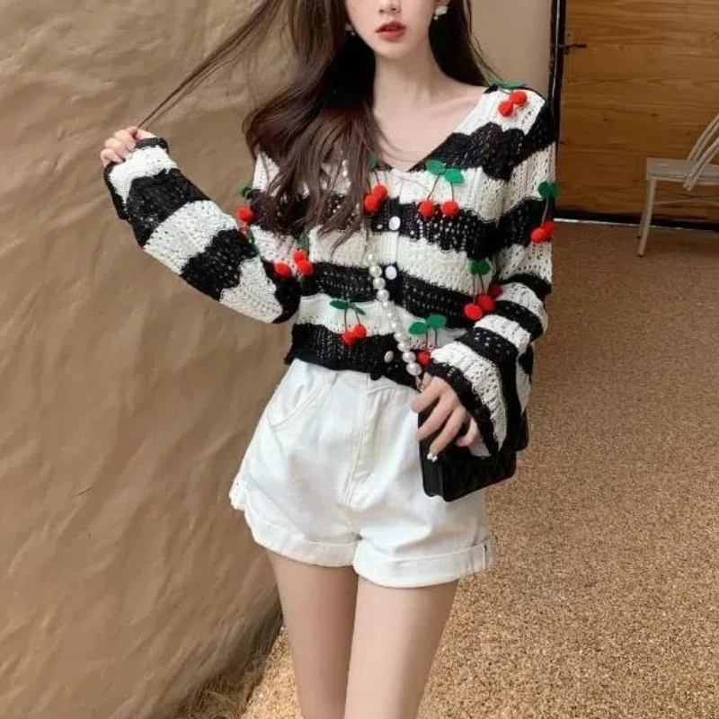 2024 Year New Spring Autumn Long Sleeve Fashion Contrast Color Striped Hollow Out Knitted Coat Loose Laziness Button Cardigan