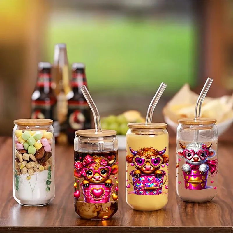 XOXO عيد الحب المرتفعات الماشية مقاوم للماء حفلة لتقوم بها بنفسك الشارات ثلاثية الأبعاد نقل uvdtf بهلوان ختم ملصقات 16 أوقية الأشعة فوق البنفسجية dtf كوب يلتف