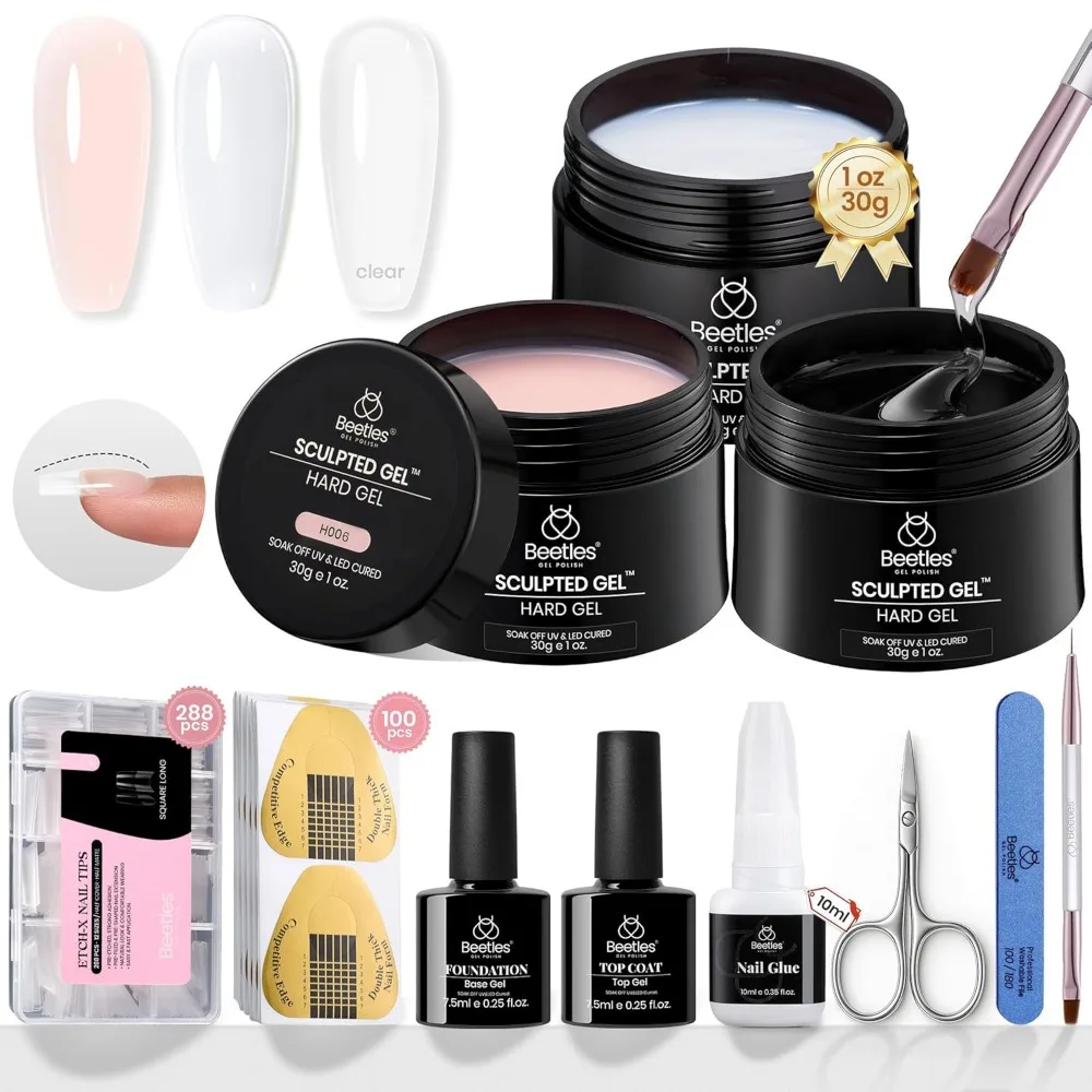 

Hard Gel Nails Kit 3 Colors 9 in 1 Nail Extension Sculpting High Hardness Salon Professional UV LED Cured Builder Gel