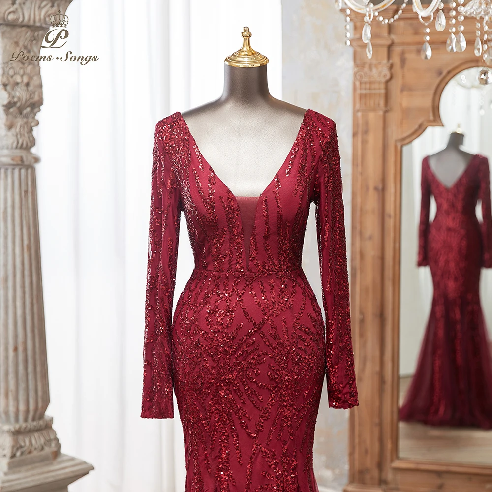 Luxurious Burgundy Long Sleeve Sequin Gown Deep V-Neck Embellished Pattern Mermaid Formal Dress Elegant Evening Special Events