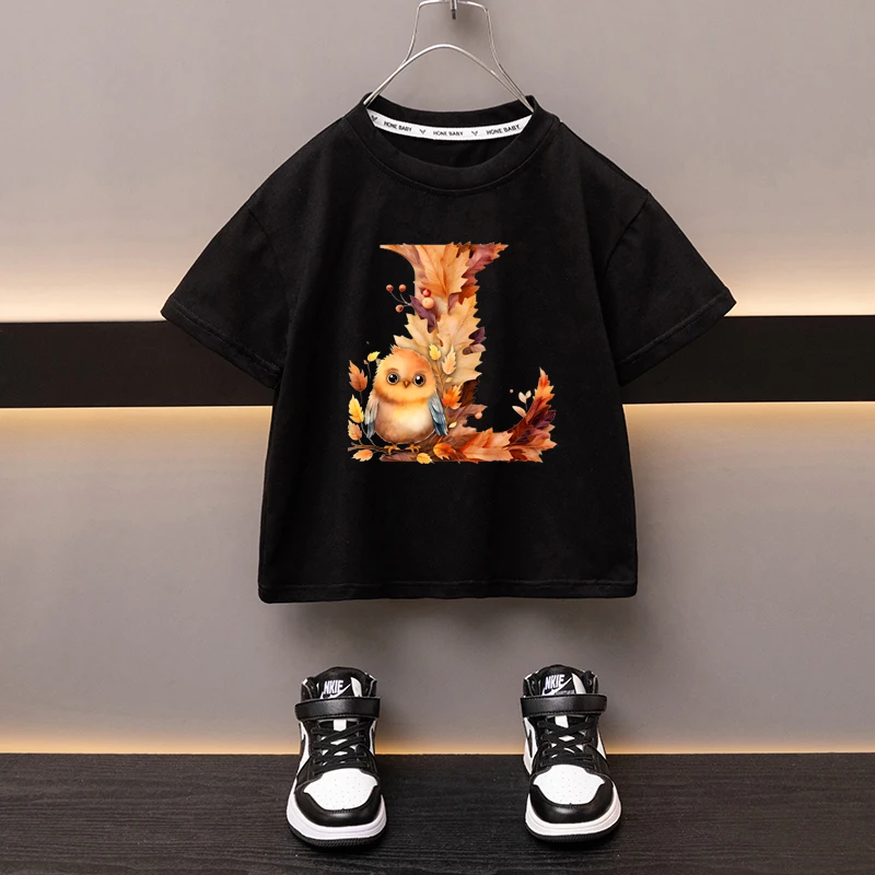 Maple Leaves Letter L Children T-shirt Kawaii Clothes for Girls T Shirt Anime Cartoons Casual Kid Boy Short Sleeve Tops New 2024