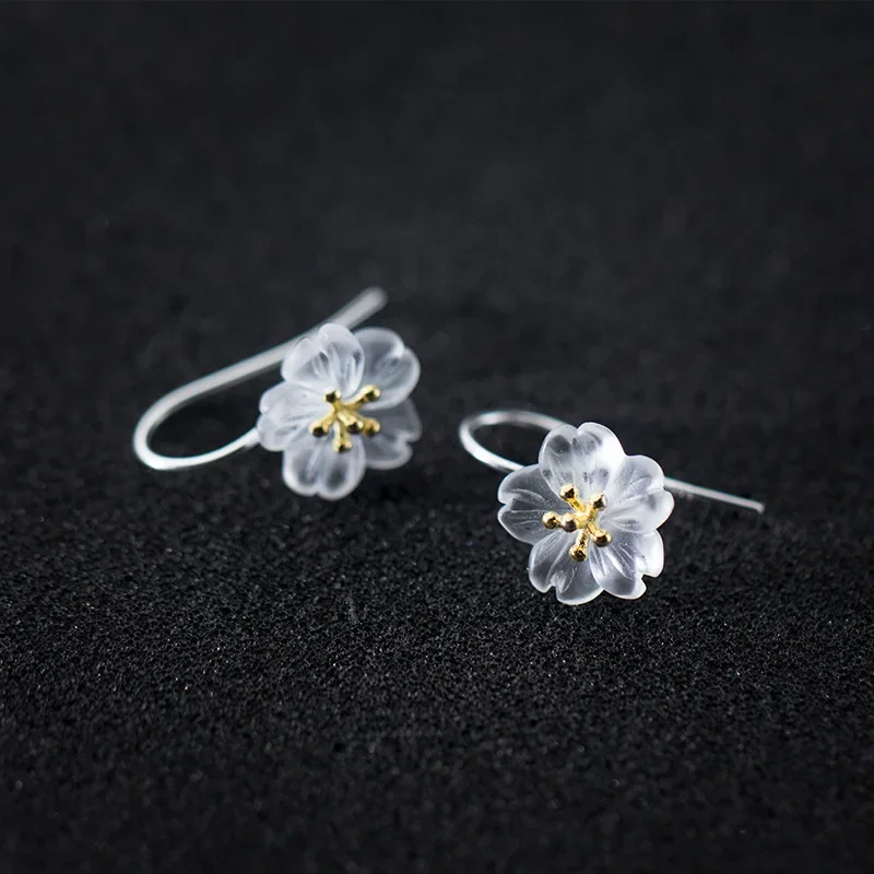 

Fashion Chinoiserie Chinese Style S925 Sterling Silver Natural White Crystal Umbrellaleaf Flower Earrings for Women Party Gift