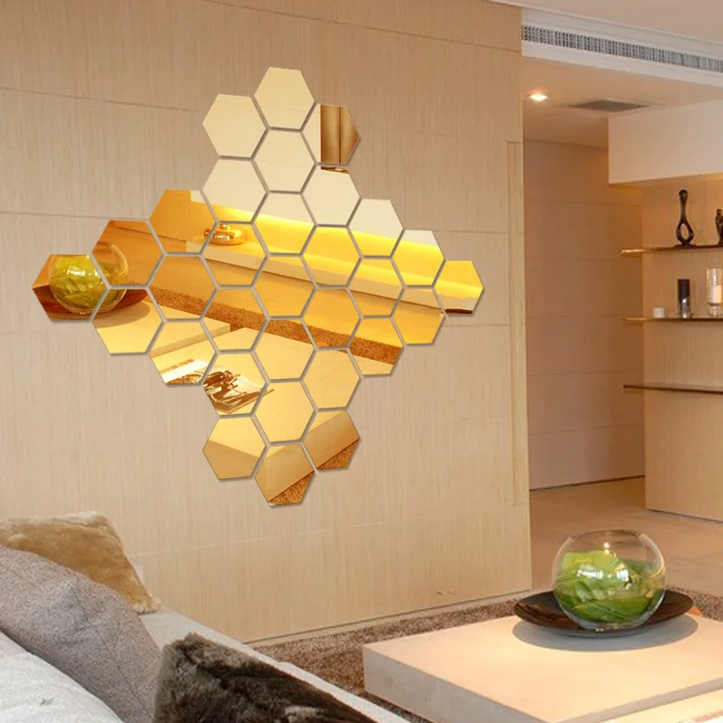 12pcs 3D Mirror Wall Sticker Hexagon Decal Home Decor DIY Self-adhesive Mirror Decor Stickers Art Wall Decoration 126mm Large