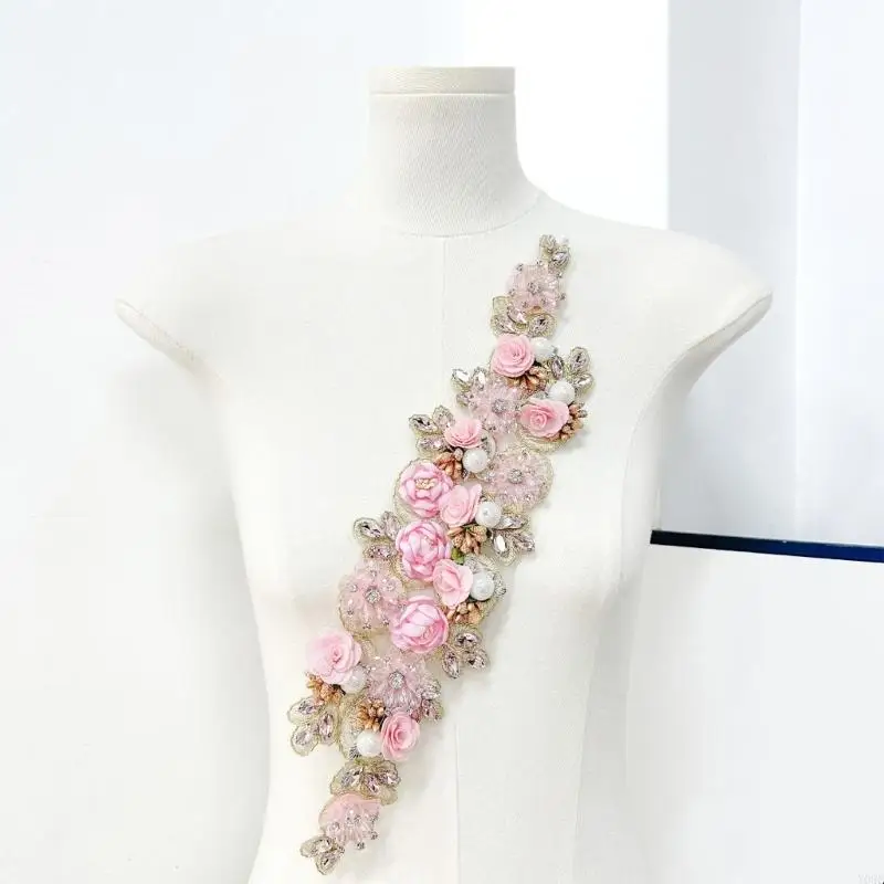 Floral Embroidered Applique Sewing on Rhinestones Flower Fabric Patches For Wedding Dress Jackets Garment Decoration Y08E