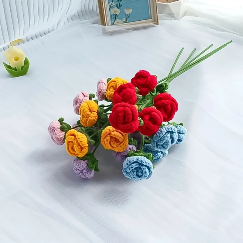 Crochet Rose Flower Bouquet Handmade Knitting Multi Heads Rose Artificial Fake Flowers Plant Wedding Party Home Table Decoration