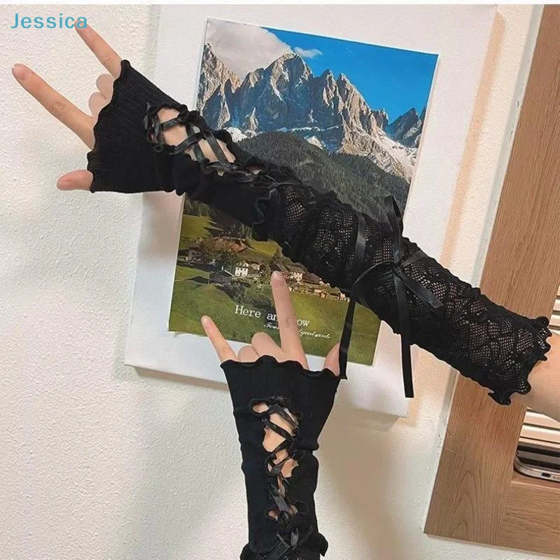 ♥Black Lace Arm Warmers with Lace-Up Detail - Gothic Lolita Fingerless Gloves for Cosplay, Party & Fashion Accessory