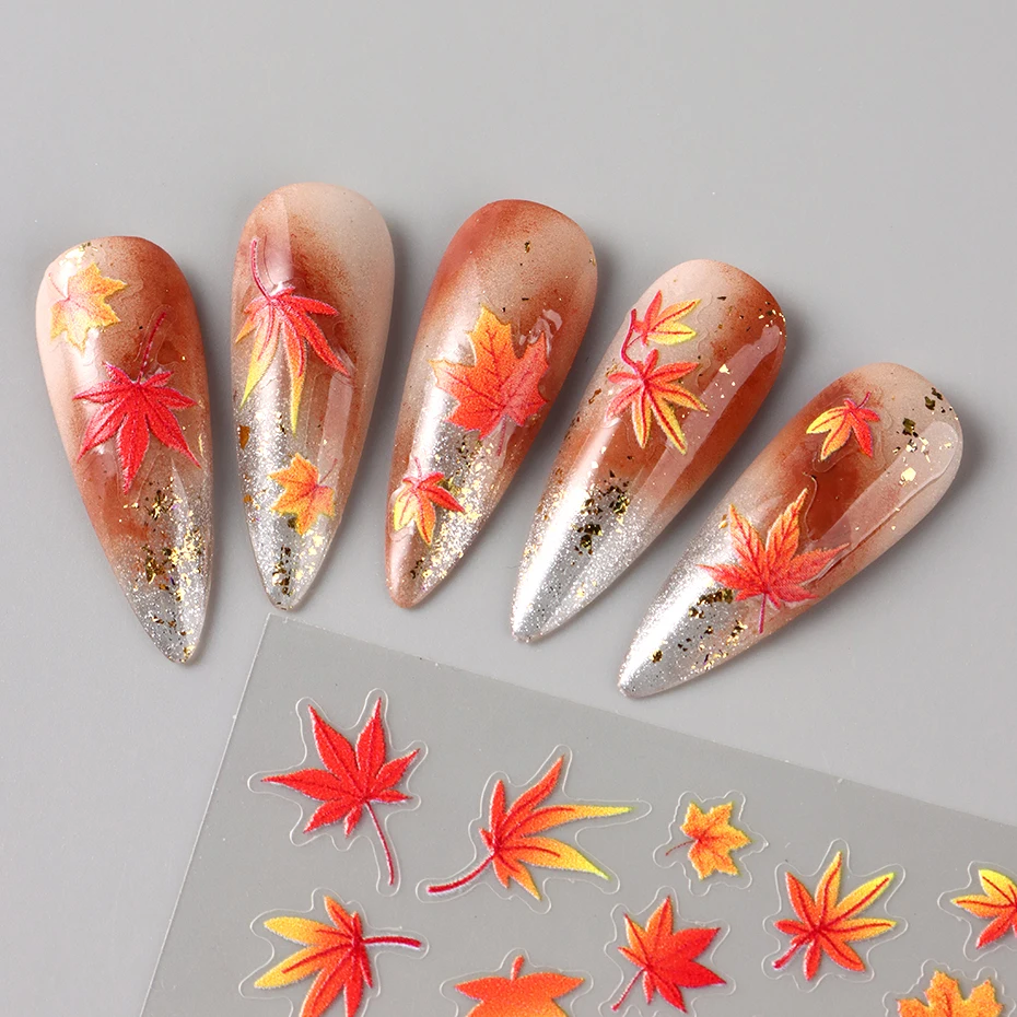 2 Stück Herbst-Ahornblatt-Nagelaufkleber, Herbstliche Orange-Rot-Gelbe Ahornblätter Nagelsticker, Thanksgiving Nagelkunst-Dekorationen, Maniküre – Detail 8