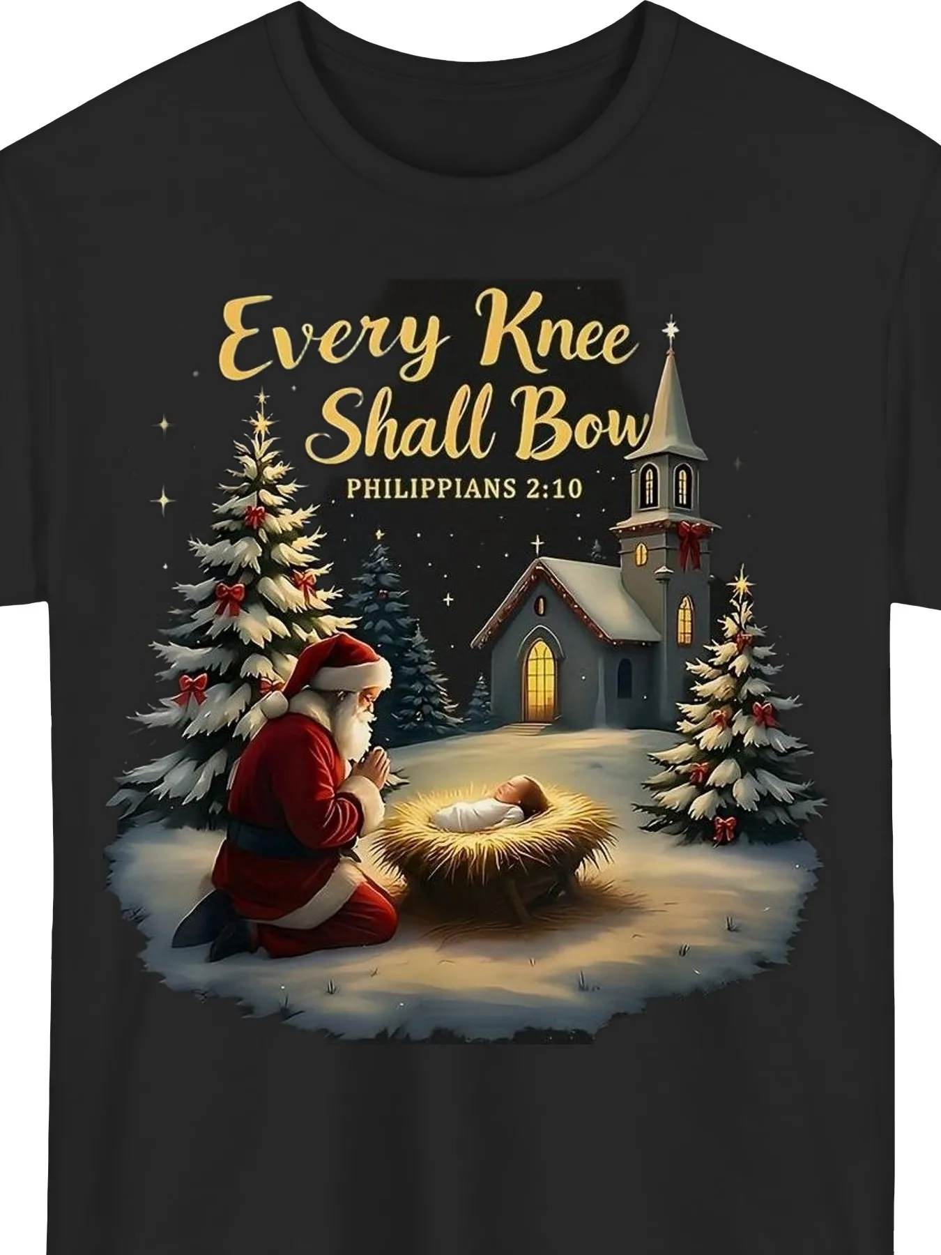 Every Knee Shall Bow Christmas T-Shirt - Philippians 2:11 Inspired Apparel with Santa & Nativity Print, Unisex Black Crew Neck Tee for Men And Women, Religious Holiday Gift, Plus Size