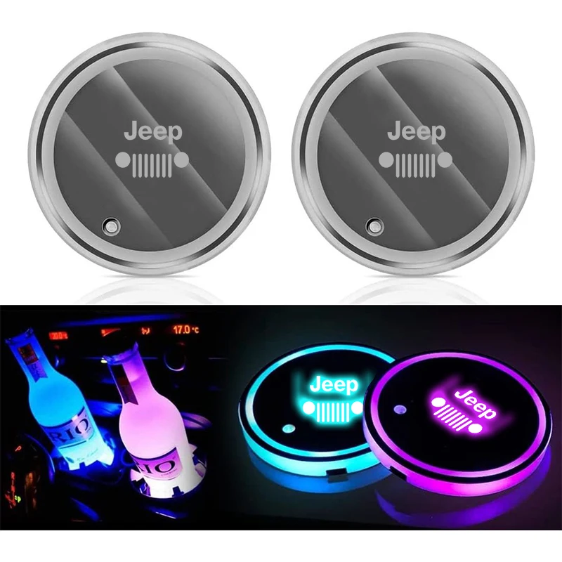 2pcs LED Car Water Cup Mat Drink Holder For Jeep Grand Cherokee XJ SRT Renegade Compass Wrangler JK TJ Patriot Trail Hawk