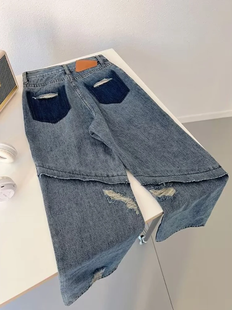 Gescheurde Jeans Vrouwen Gezellige Losse Ins Populaire College Fashion All-Match Harajuku Pocket Design Vintage Dagelijkse Broek Denim Street