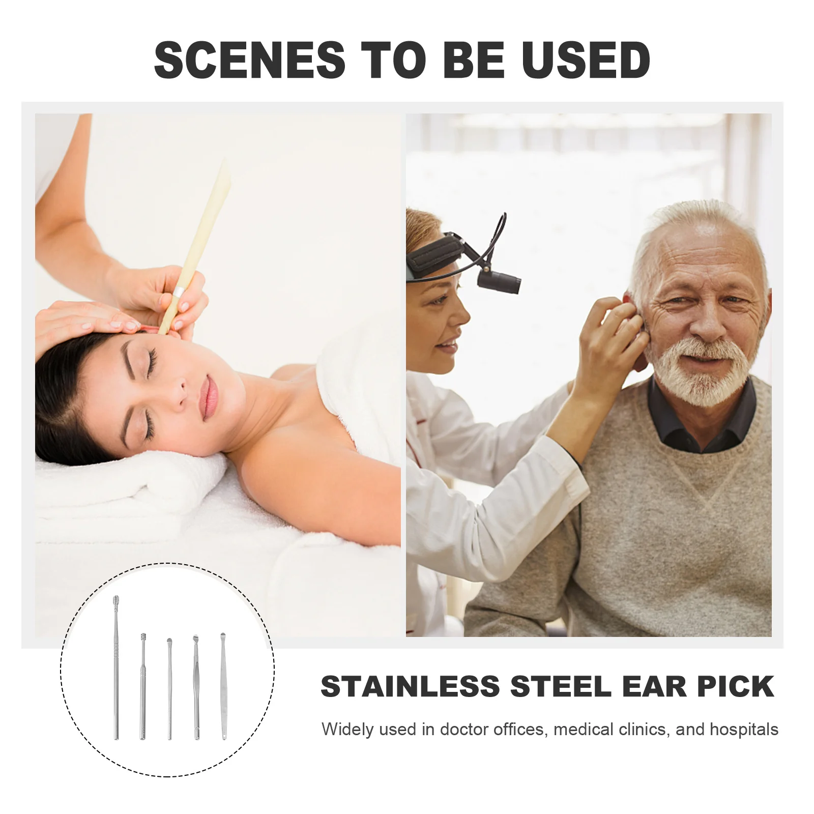 

5 шт., набор для ушной серы из углеродистой стали, двухсторонний совок и массажер для эффективной чистки ушных каналов, инструменты для кюретки