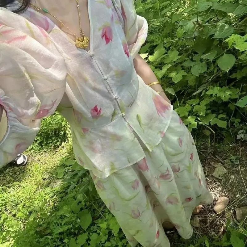 

Women's Floral Print Two Piece Set Puff Sleeve V-Neck Blouse + High Waist Midi Skirt Casual Outfit