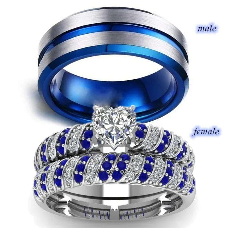 

Fashion Couple Rings Women's White Heart Rhinestones Zircon Ring Sets Men's Blue Stainless Steel Rings Wedding Band Jewelry Gift