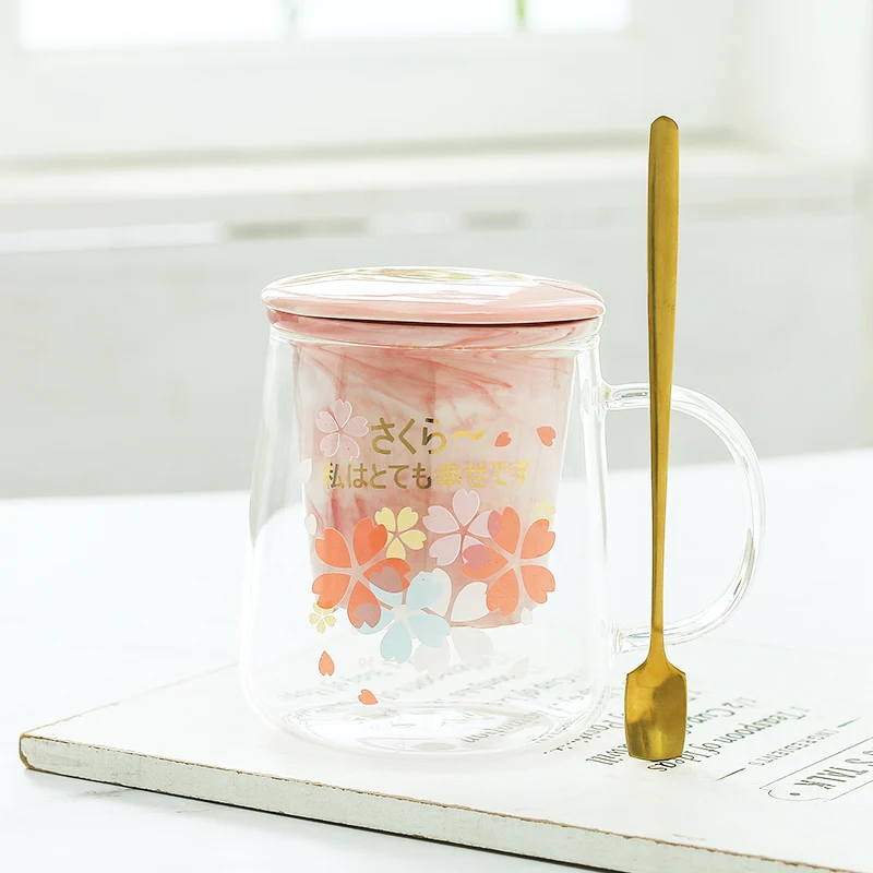 Japanese Transparent Cherry Blossom Cup 500ml Mug Glass with Tea Infuser Filter Lid Cup Set Flower Teacup Heat Resistant Glasses